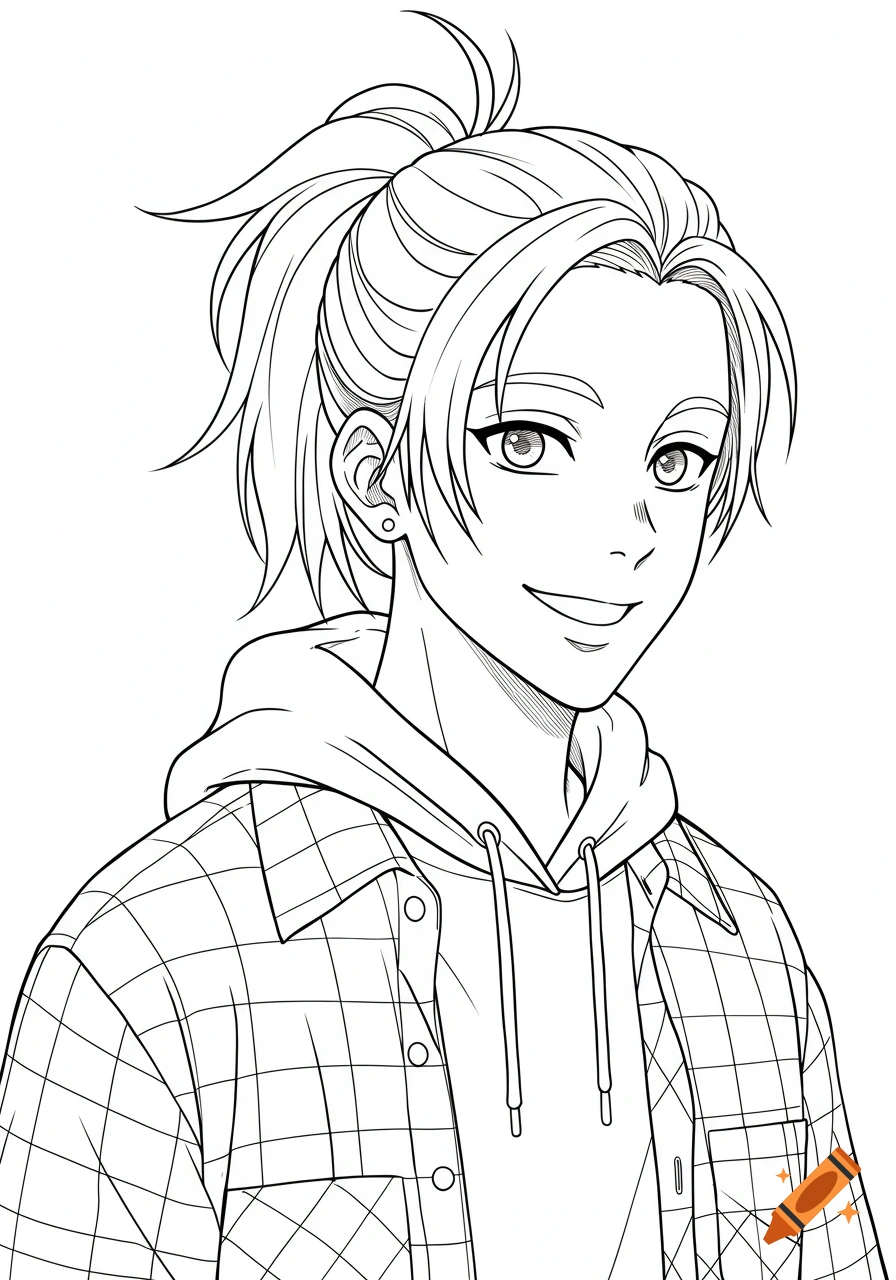Black and white line art portrait of a smiling anime boy with a high ponytail, wearing a hoodie under a checkered overshirt.