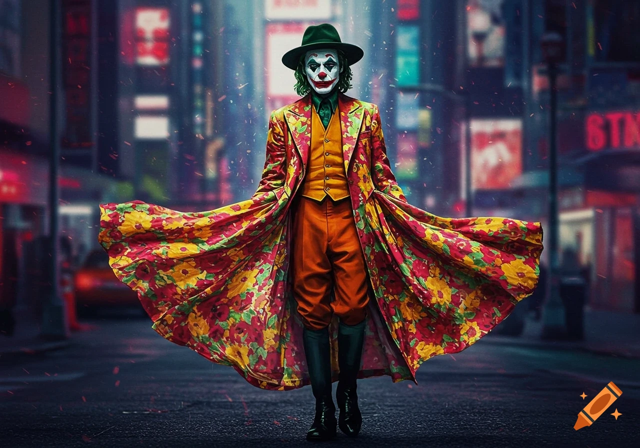 A full-length shot of the Joker in a vibrant floral coat and orange suit, black boots, and a green fedora, standing in a city street with blurry neon lights.