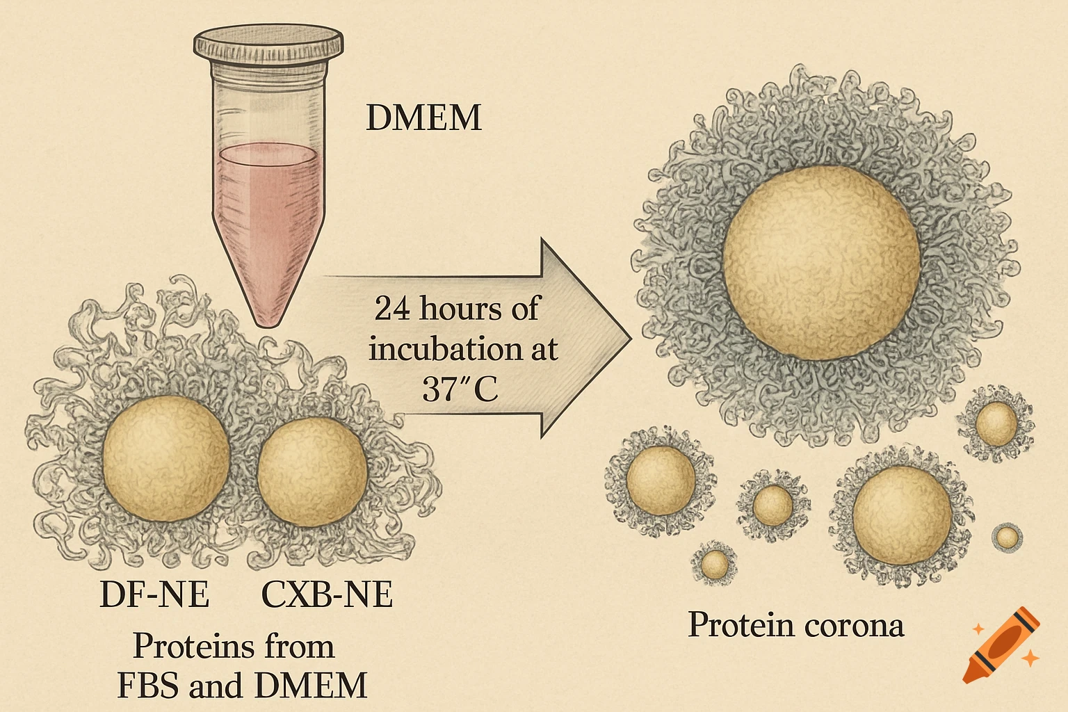 A scientific diagram showing an Eppendorf vial with pink liquid, two nanoemulsions on the left with proteins, an arrow indicating incubation, and protein-covered nanoemulsions on the right labeled as protein corona.
