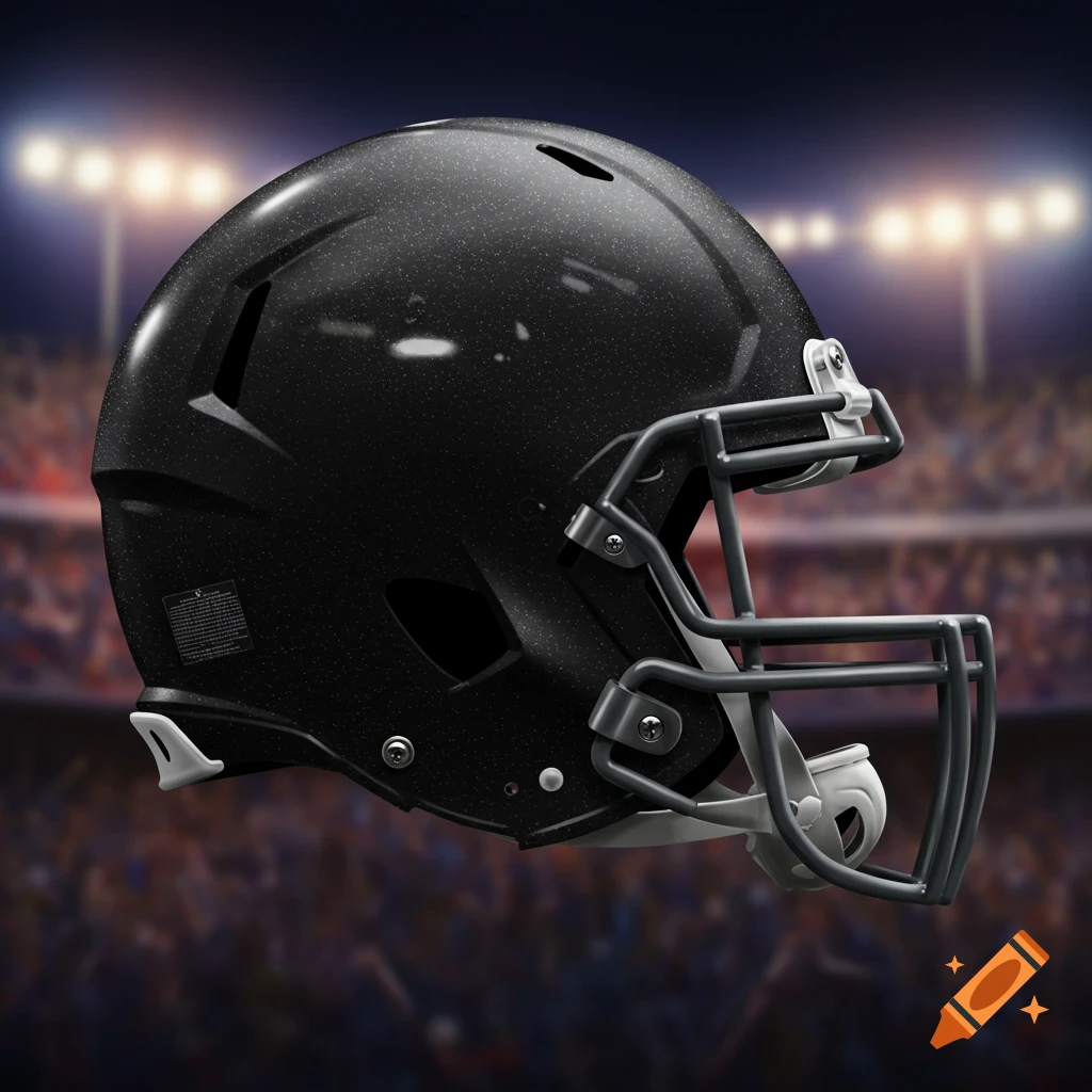 A detailed profile view of a black American football helmet with a dark speckled finish, against a blurred stadium background with bright lights.