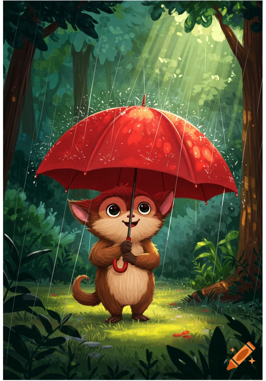 A cute, brown, furry creature with large eyes smiles while holding a red umbrella in the rainy forest.