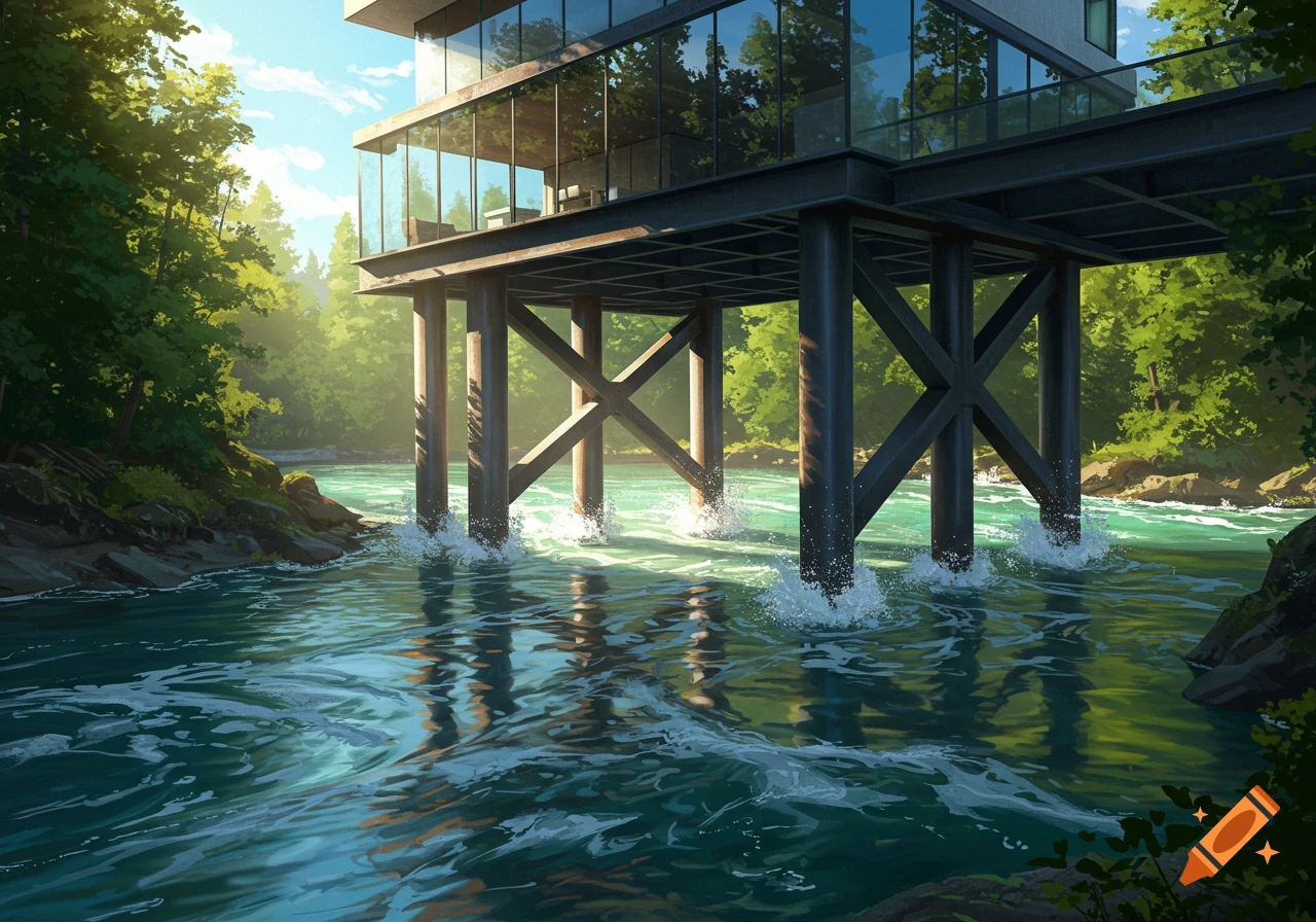 A modern house on steel piers stands over a rushing river surrounded by lush green trees, with sunlight illuminating the water.