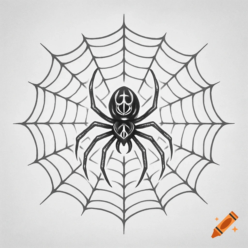 A stylized black spider with two peace signs on its body sits centrally on a spider web, against a light gray background.