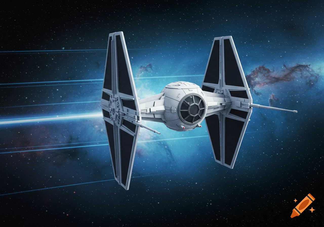 A white and light gray TIE Advanced x1 spaceship flies through a starry blue nebula in space.