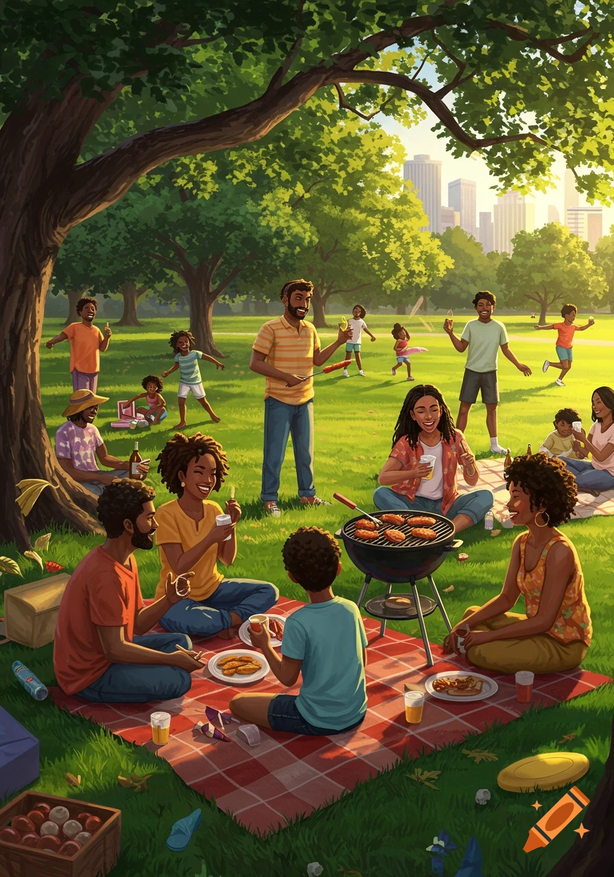 An illustration of a large Black family and friends having a lively barbecue picnic in a sunny park with a city skyline in the background.