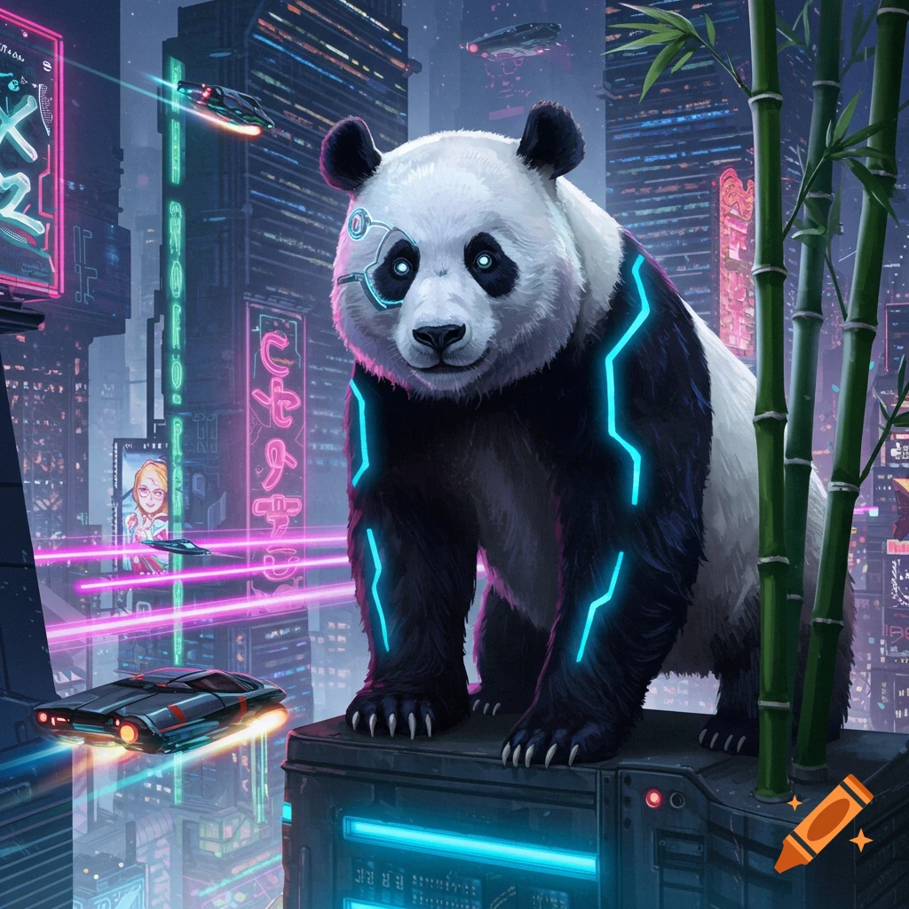 A futuristic panda with glowing blue lines and a cybernetic eye stands on a skyscraper in a neon-lit cyberpunk city with flying cars and bamboo.