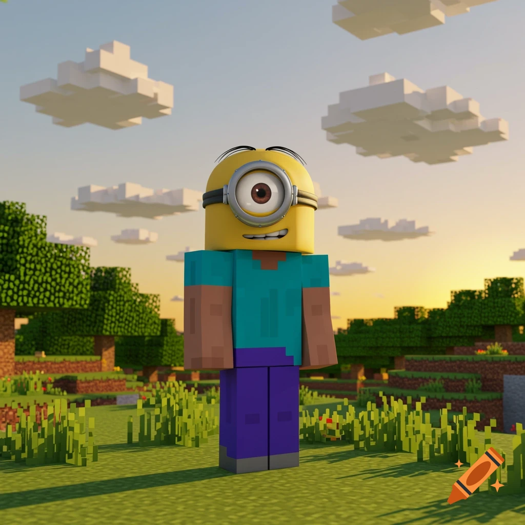 Minecraft Steve with a one-eyed Minion head stands in a blocky landscape at sunset.