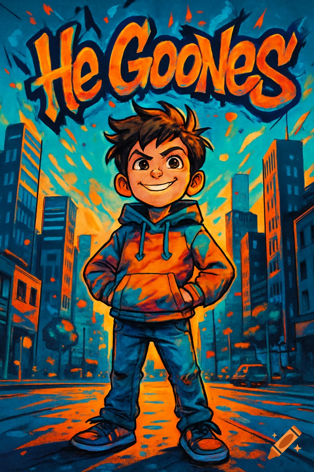 Smiling cartoon boy in orange and blue hoodie stands in an urban setting, with large orange text 'He GooNes' above.