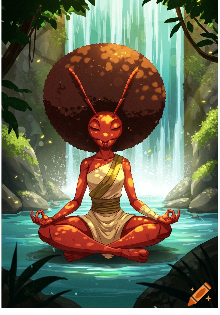 A red anthropomorphic ant with a large afro meditates in a lotus position in a river, with a waterfall in the background. 2D artwork.