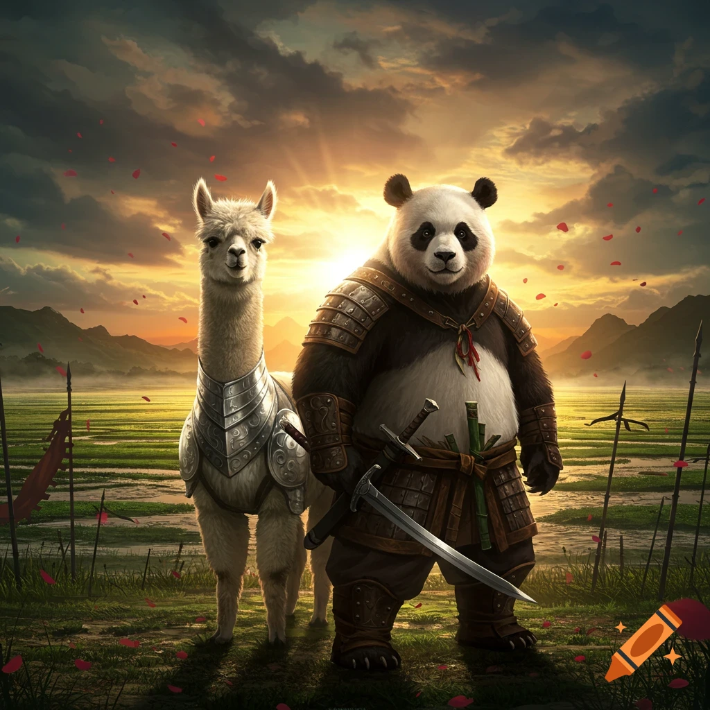 A photorealistic panda in samurai armor and an alpaca in knight armor stand side-by-side in a field at sunset with red petals falling.