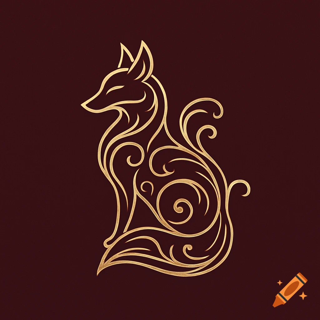 A stylized golden fox logo composed of elegant swirling lines on a dark red background.