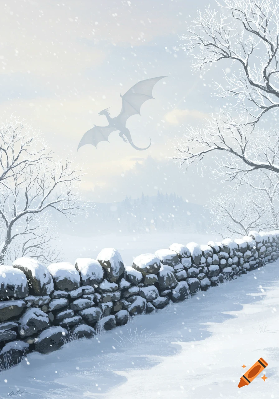 A snowy winter landscape with a stone wall in the foreground and a silhouette of a dragon flying in the misty sky.