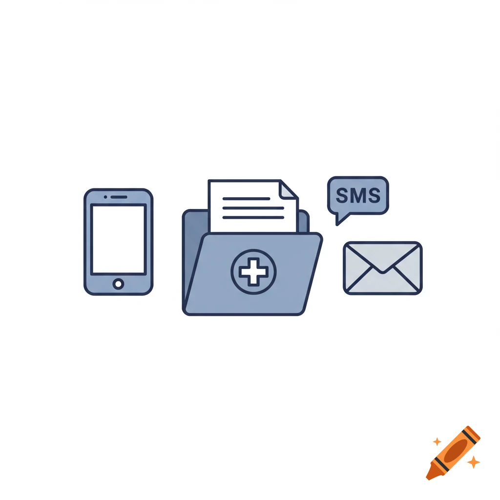 Simple icons representing an EMR system with smartphone, medical folder, SMS message bubble, and email envelope.