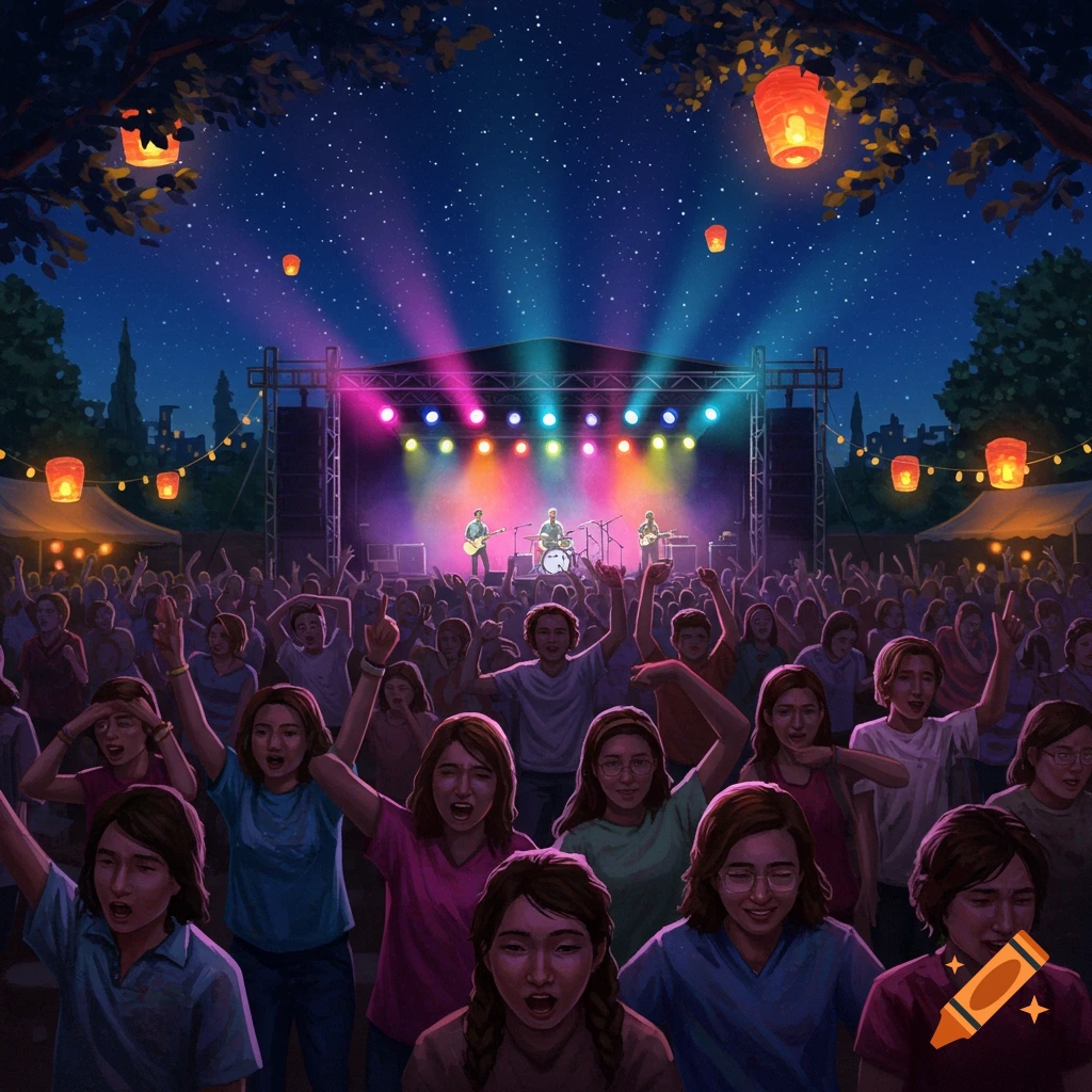 A large crowd of people with raised hands cheering at an outdoor night concert with a band performing on a brightly lit stage under a starry sky.