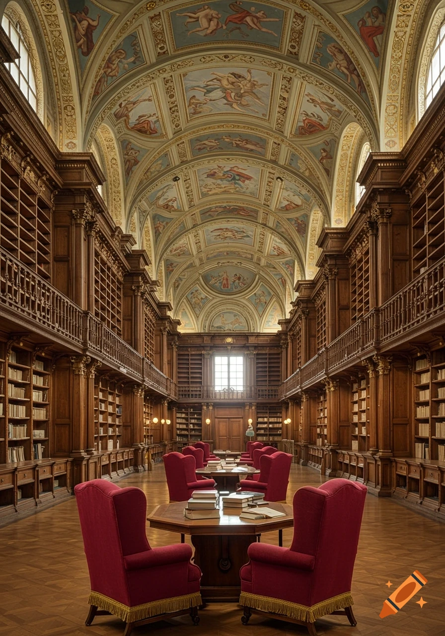 A grand, ornate library with towering wooden bookshelves, a frescoed arched ceiling, and red velvet armchairs arranged around tables on a polished wooden floor.