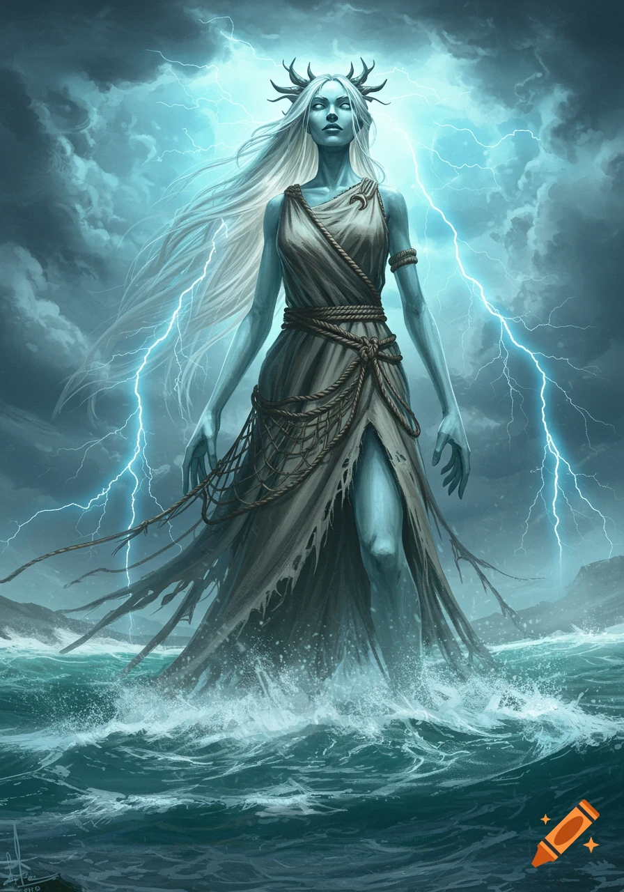 A tall, pale-skinned female storm giant with white hair and antlers stands in stormy ocean waves under a lightning-filled sky.