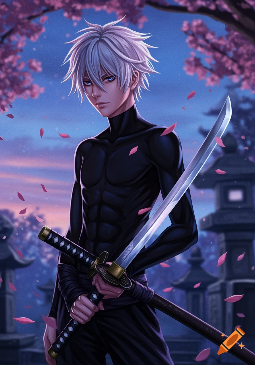 White-haired anime boy in black clothes holds a katana amidst falling cherry blossoms and traditional lanterns at twilight.