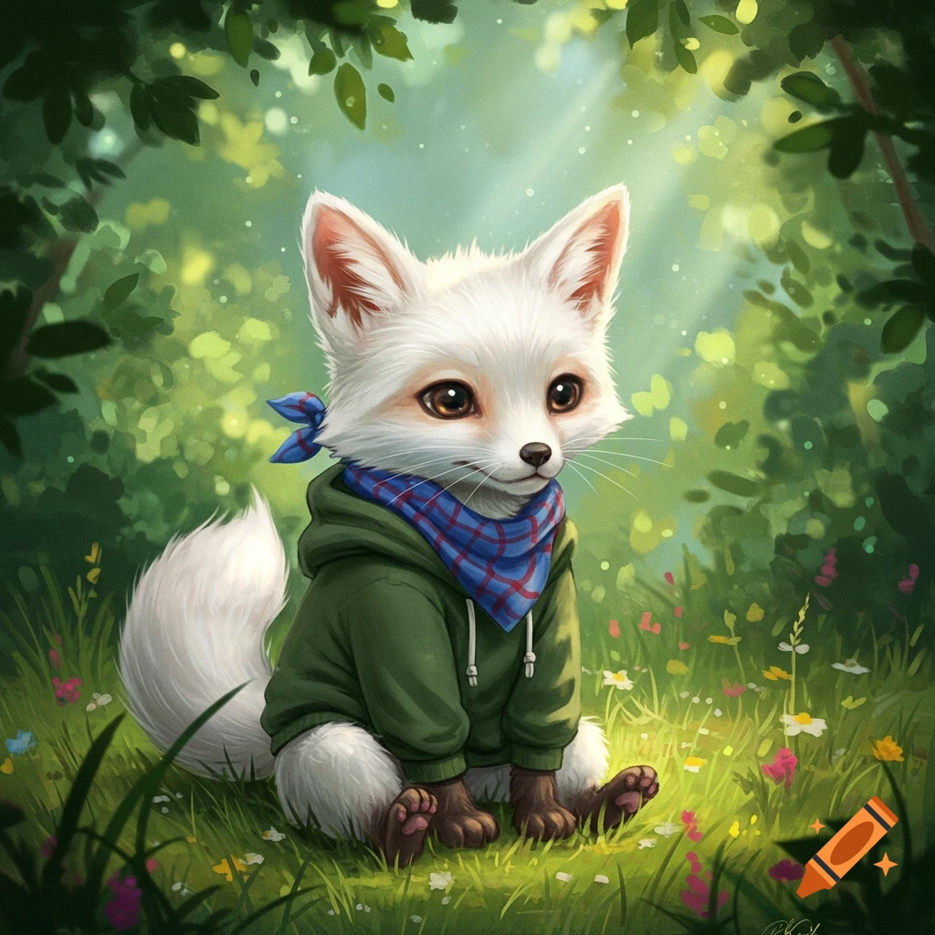 A cute white fox in a green hoodie and blue plaid bandana sits in a bright, grassy forest with flowers.