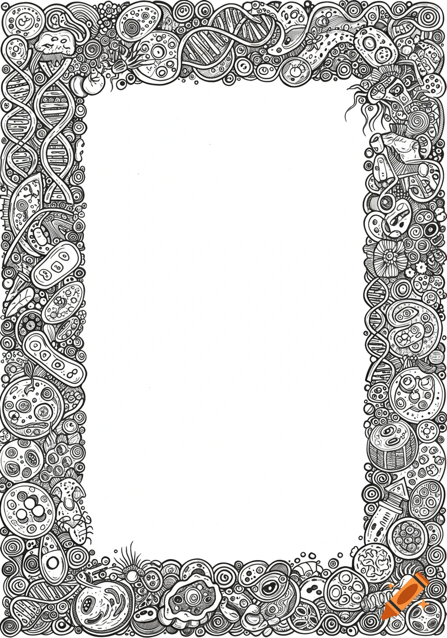 Black and white doodle border with intertwined biological elements like DNA strands, cells, and microorganisms.