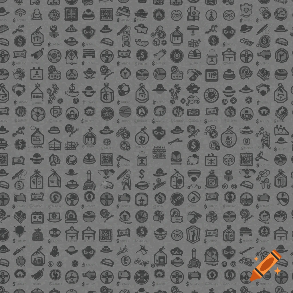 A dark gray seamless background pattern composed of small, subtle monochrome icons related to heists, including dollar signs, fedoras, and locks.