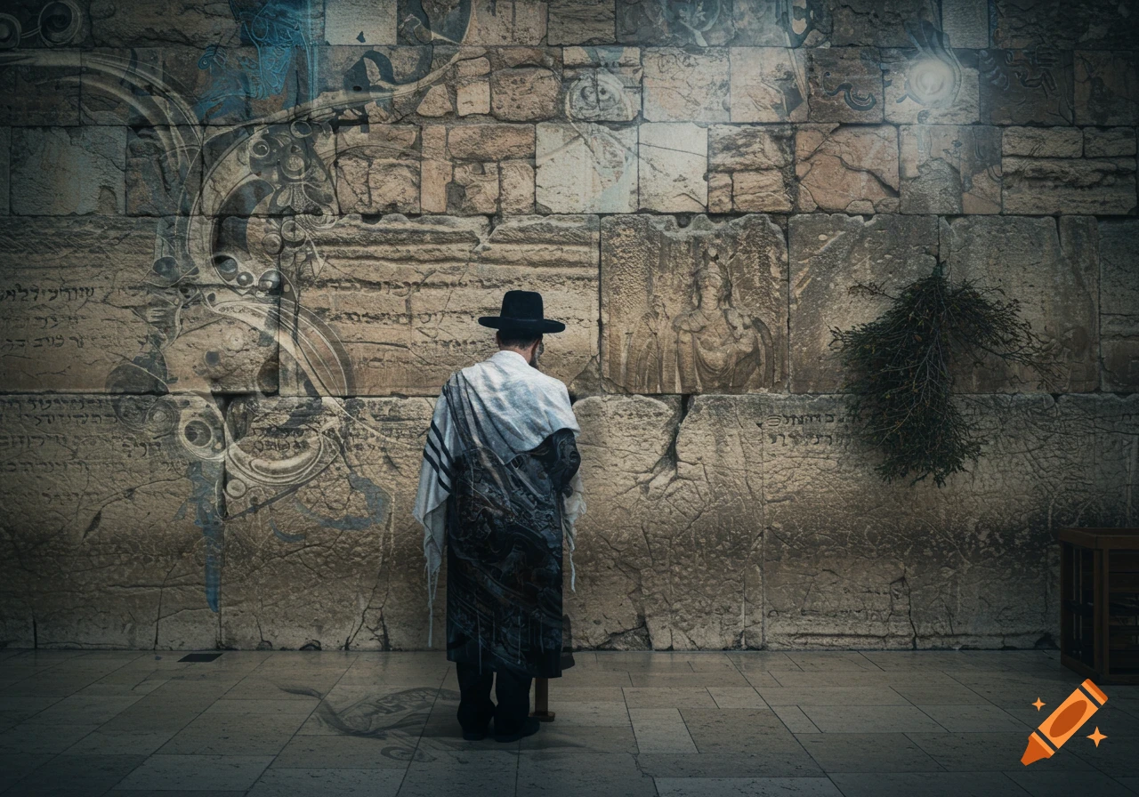 A man in traditional Jewish attire prays with his back to a textured stone wall featuring abstract, surrealist patterns in the style of Max Ernst.