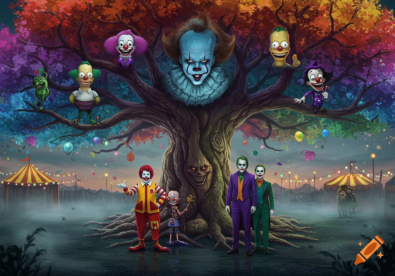 Pennywise, Krusty, Ronald McDonald, and Jokers on and around a large, colorful tree with a scary face, at a foggy circus ground.