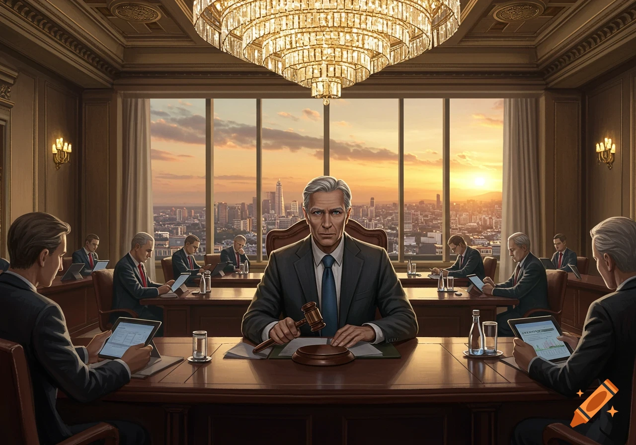 A formal meeting in a grand boardroom with a large chandelier and city skyline visible through windows at sunset. A man in a suit holds a gavel at the head of the table, facing the viewer. Other men in suits are seated around the table, some looking at tablets.