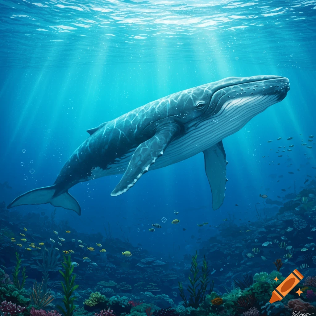 A large humpback whale swims gracefully in vibrant blue ocean waters, bathed in sunlight, above a colorful coral reef with small fish. Illustrated.