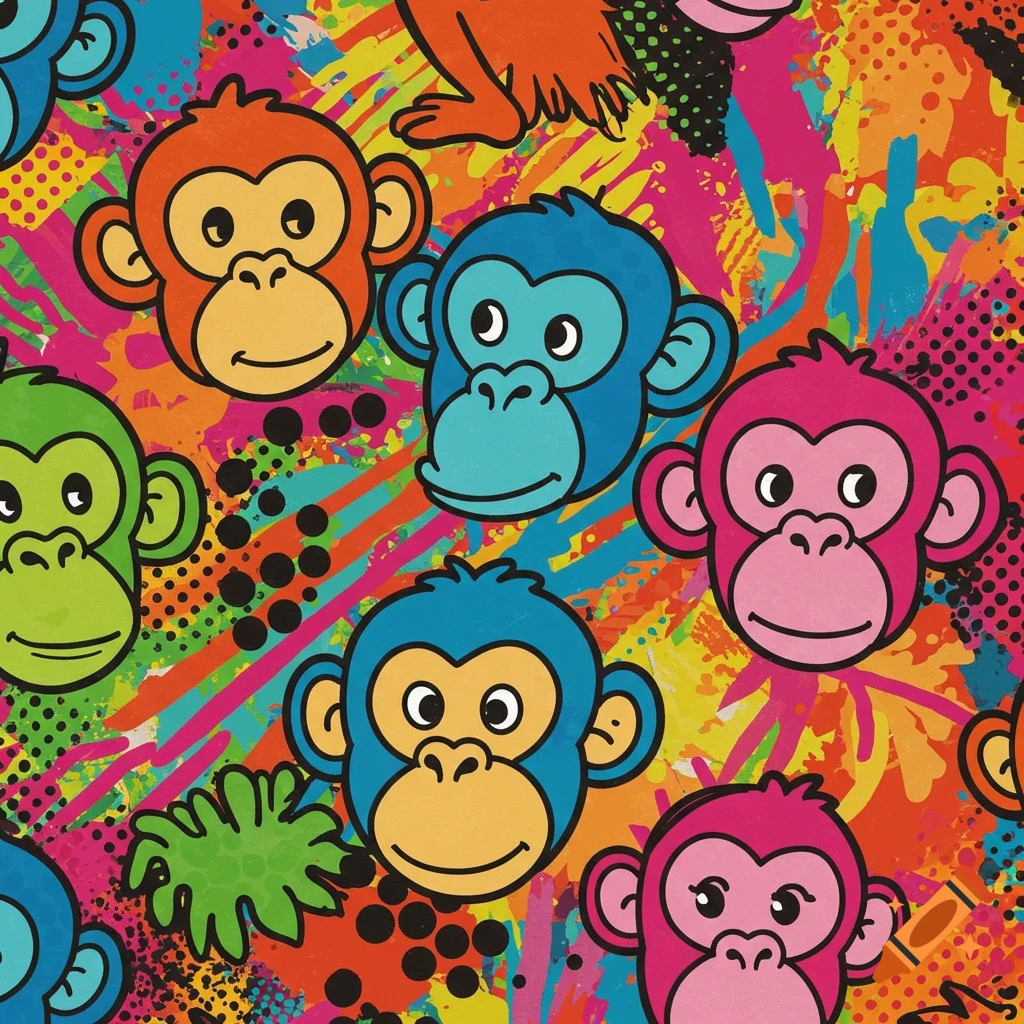 A vibrant pop art pattern featuring colorful cartoon monkey faces and abstract splashes of color.
