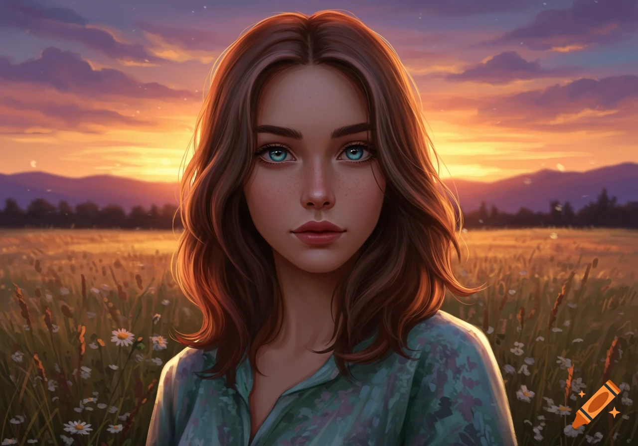 Digital painting of a young woman with blue eyes and brown wavy hair standing in a field of flowers at sunset.