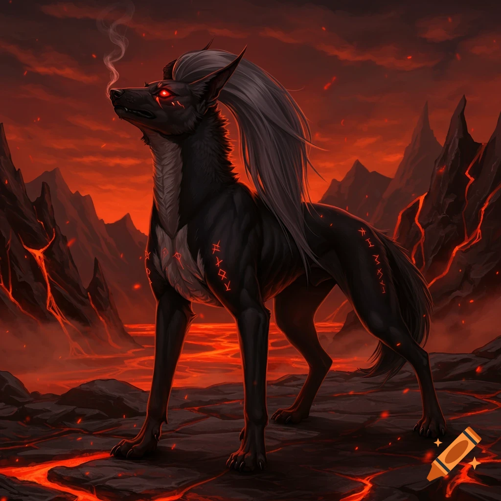 A black fantasy creature with glowing red eyes and runes on its body stands in a volcanic landscape with lava rivers under a red sky.