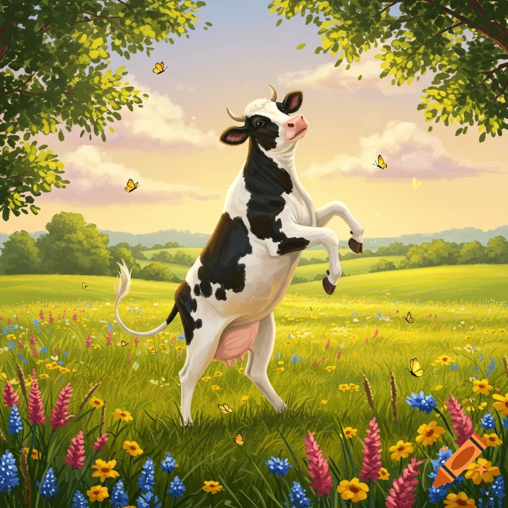 A whimsical black and white cow stands on its hind legs in a vibrant field of wildflowers under a sunny sky.