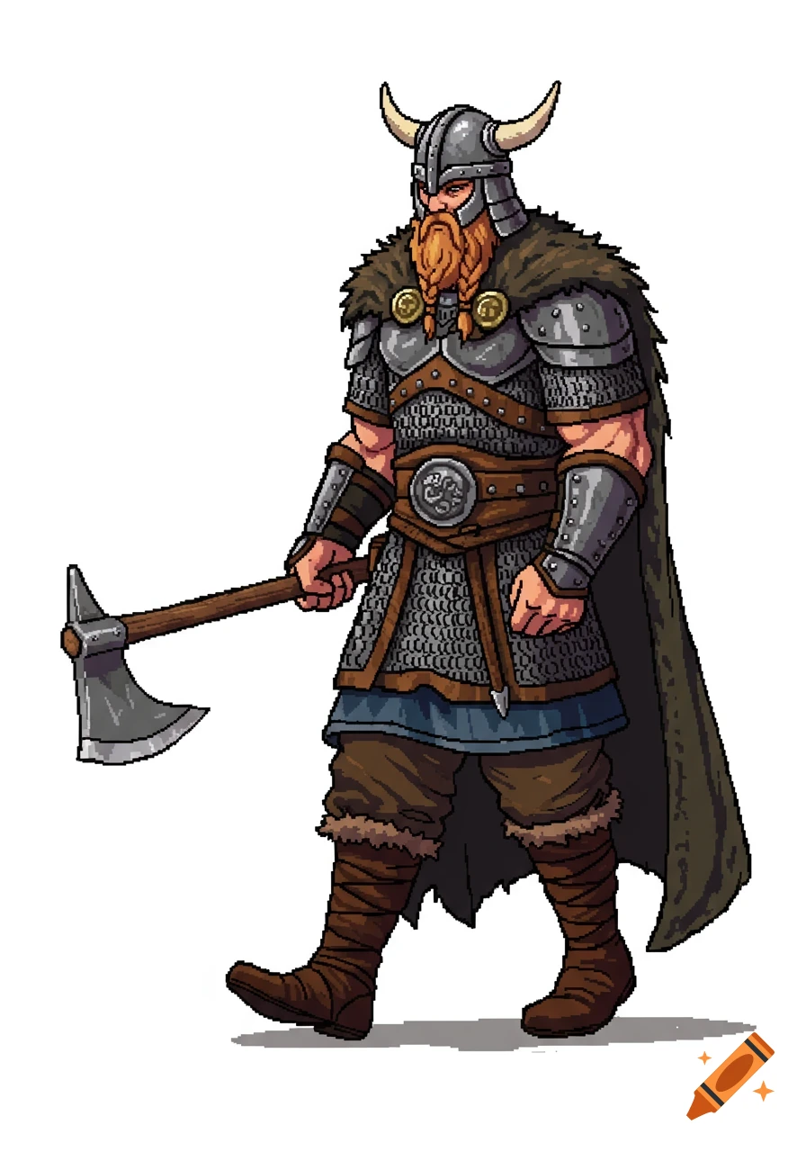 Pixel art sprite of a Viking warrior in armor and horned helmet, holding an axe and walking.
