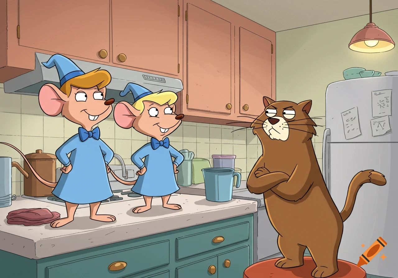 Two cartoon mice in blue wizard hats and a brown cat with crossed arms in a kitchen.