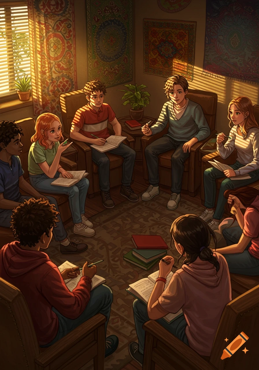An anime-style illustration depicts a diverse group of teenagers sitting in a circle, engaged in a discussion with open books in a sunlit room.