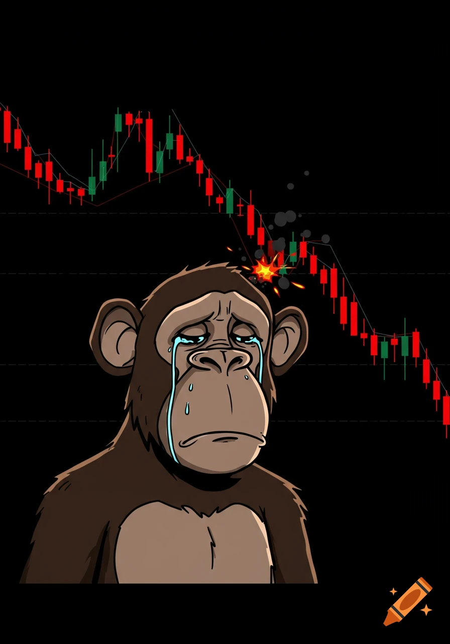 A sad cartoon ape cries below a descending financial stock chart with red and green candlesticks.