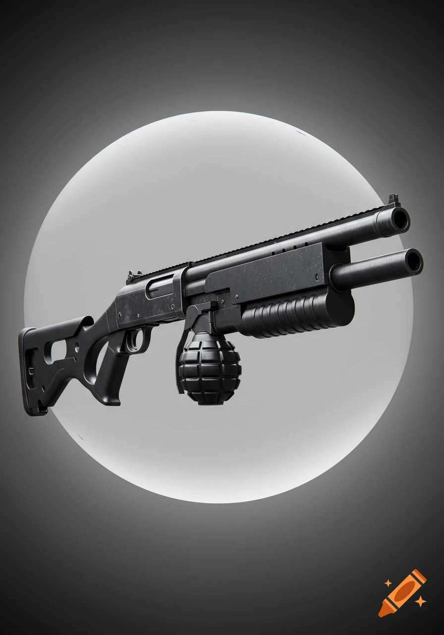 A black semi-automatic shotgun with an underbarrel grenade launcher on a grey and white background, photorealistic style.