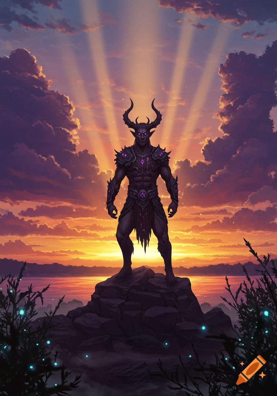 A dark, muscular, horned demon-like figure with glowing purple eyes stands on a rocky peak against a vibrant sunset sky.