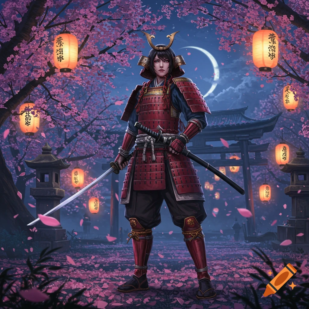 An anime-style female samurai in red armor holds a sword under cherry blossom trees with glowing lanterns at night under a crescent moon.