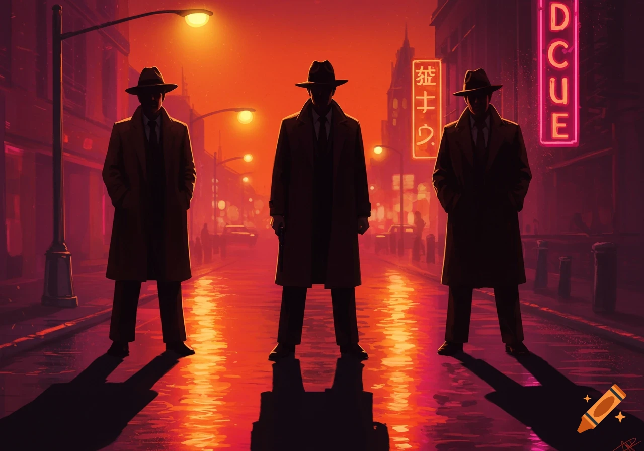 Three silhouetted men in trench coats and hats stand on a neon-lit, wet city street at night, in a noir style.