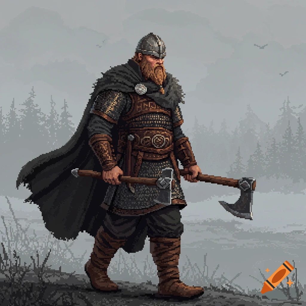 A bearded pixel art Viking warrior in armor and cape, holding two axes, walks through a misty, forested landscape.