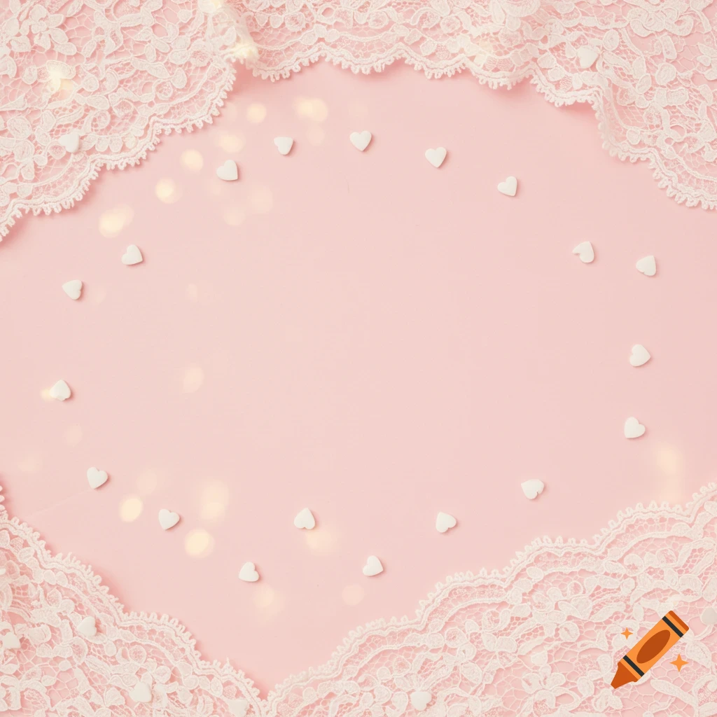 A soft pink background framed by white lace with scattered white heart candies and dreamy bokeh lights.