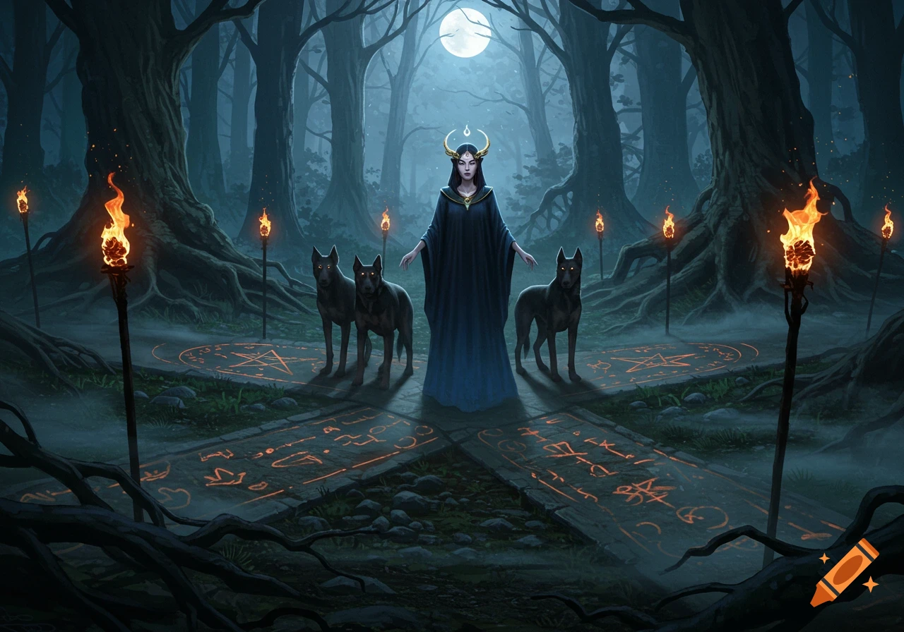 A robed figure with golden horns stands with two dark wolves in a moonlit forest, surrounded by torches and glowing arcane symbols.