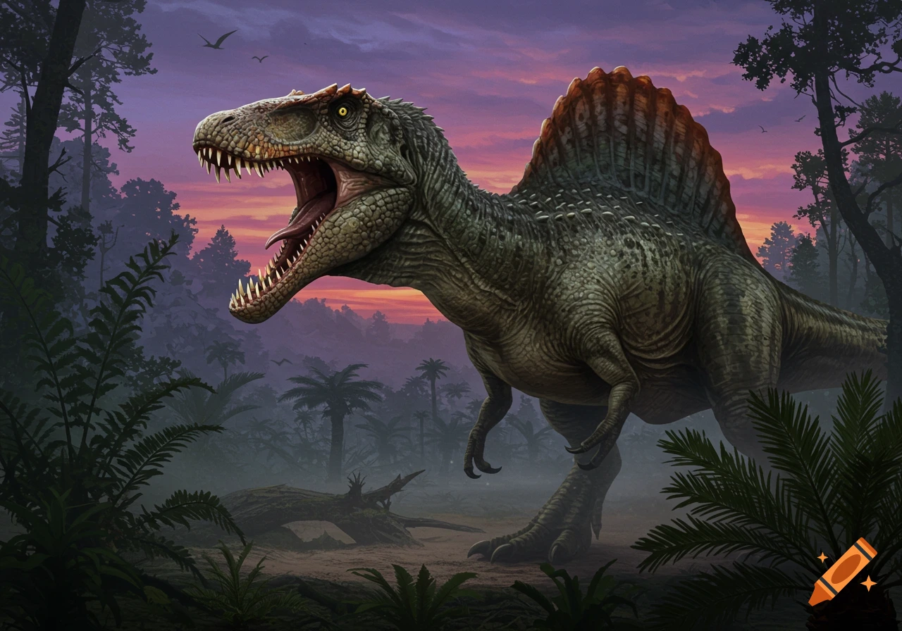 A fierce Spinosaurus-T-Rex hybrid dinosaur with an open mouth stands in a misty prehistoric jungle at sunset.