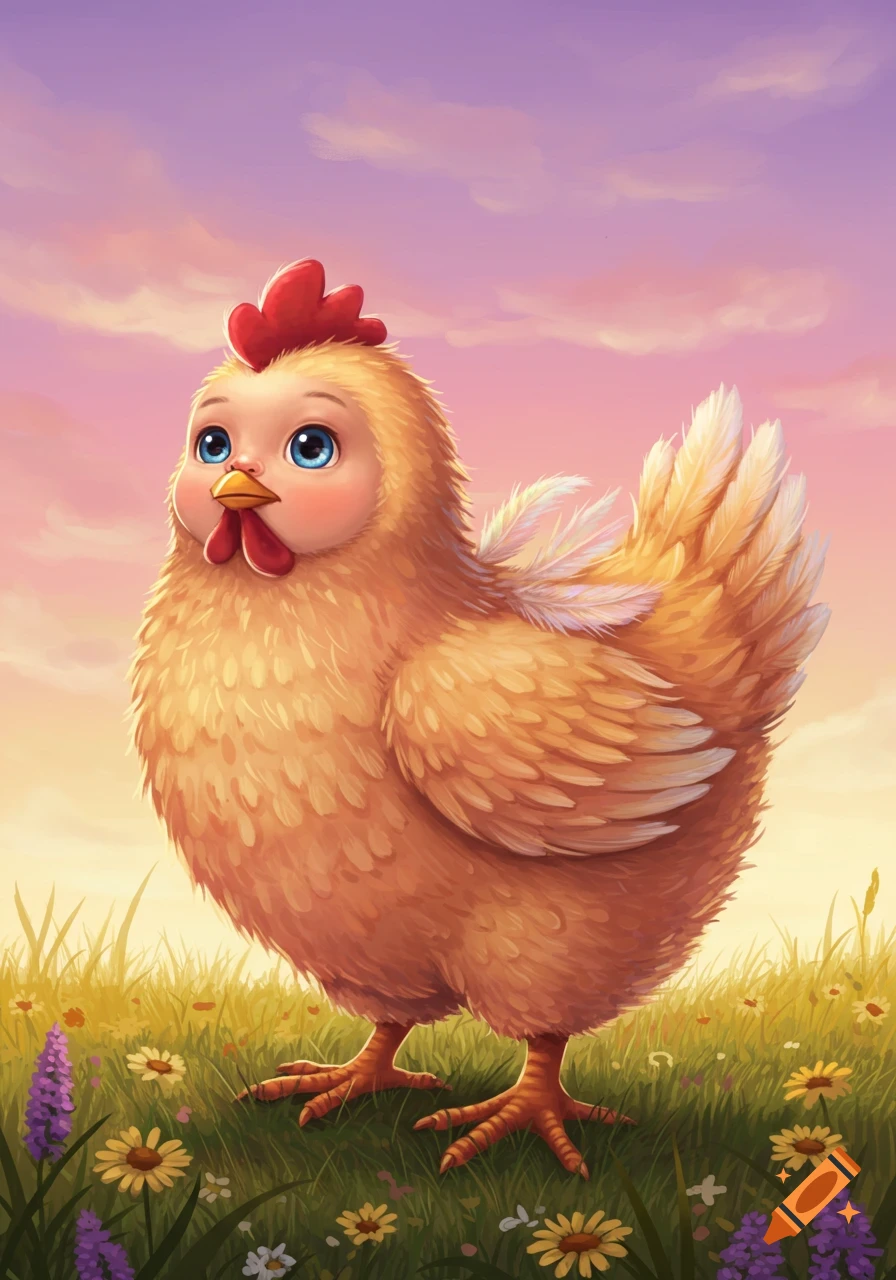 A cute, fluffy cartoon chicken with big blue eyes and a human-like face stands in a grassy field with flowers under a colorful sunset sky.