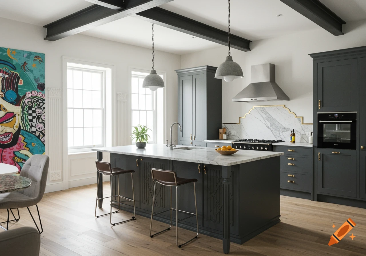 A modern open-concept kitchen with dark gray cabinets, a white marble island, and colorful abstract art on the wall.