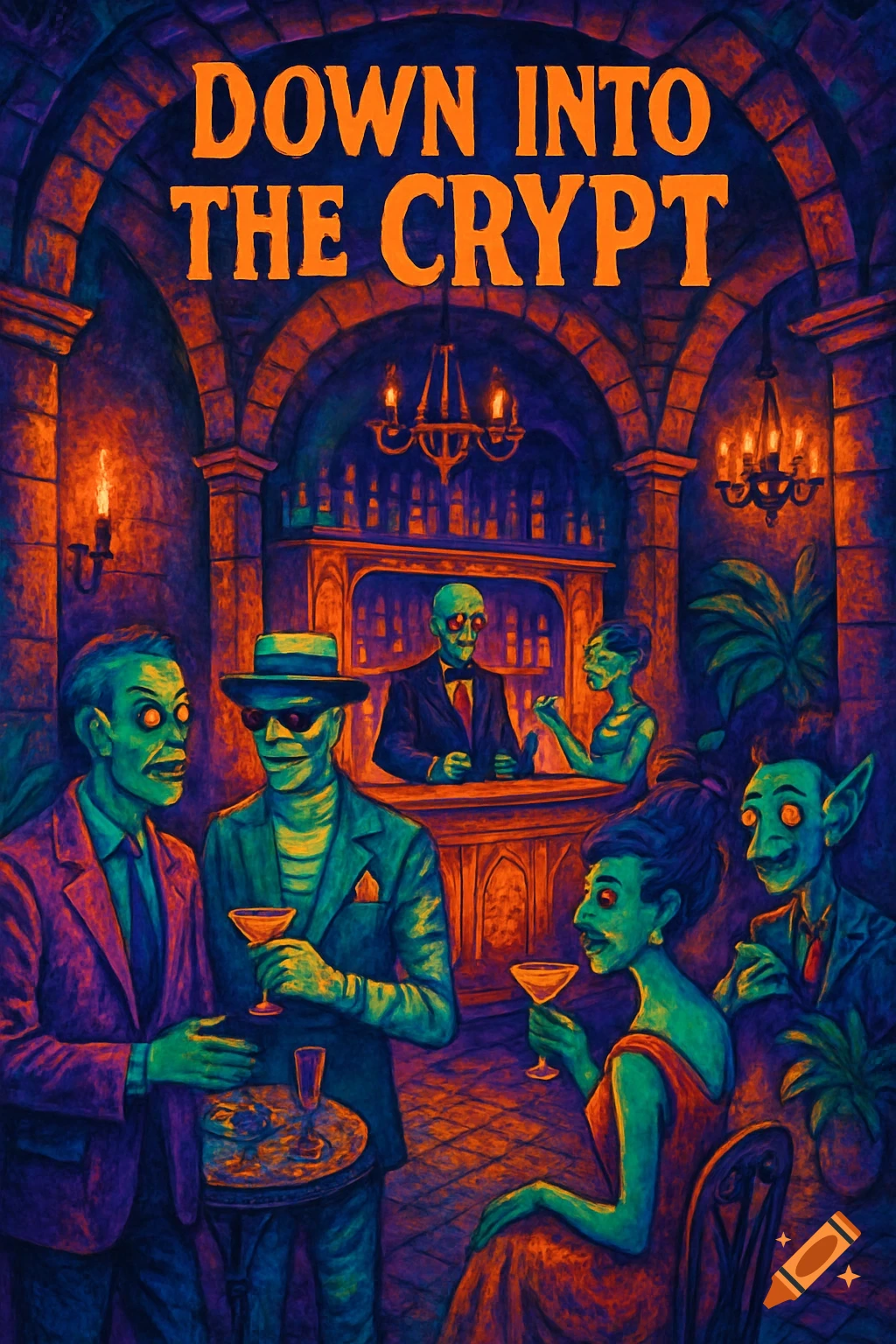 Vibrant, stylized illustration of monsters socializing in a bar within a crypt. Text reads 'DOWN INTO THE CRYPT'.