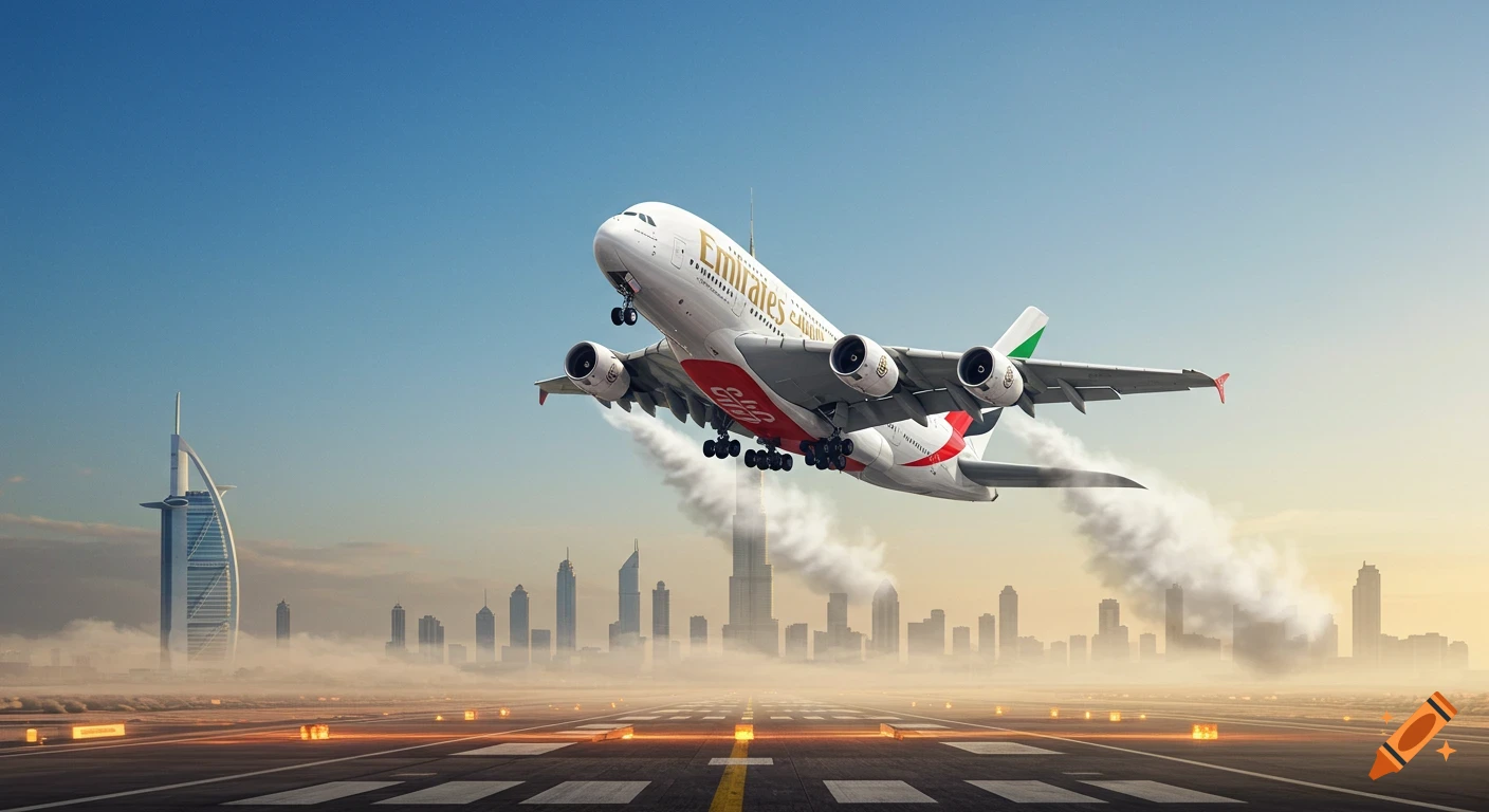 An Emirates A380 airplane takes off from an airport runway with the Dubai skyline in the hazy background.