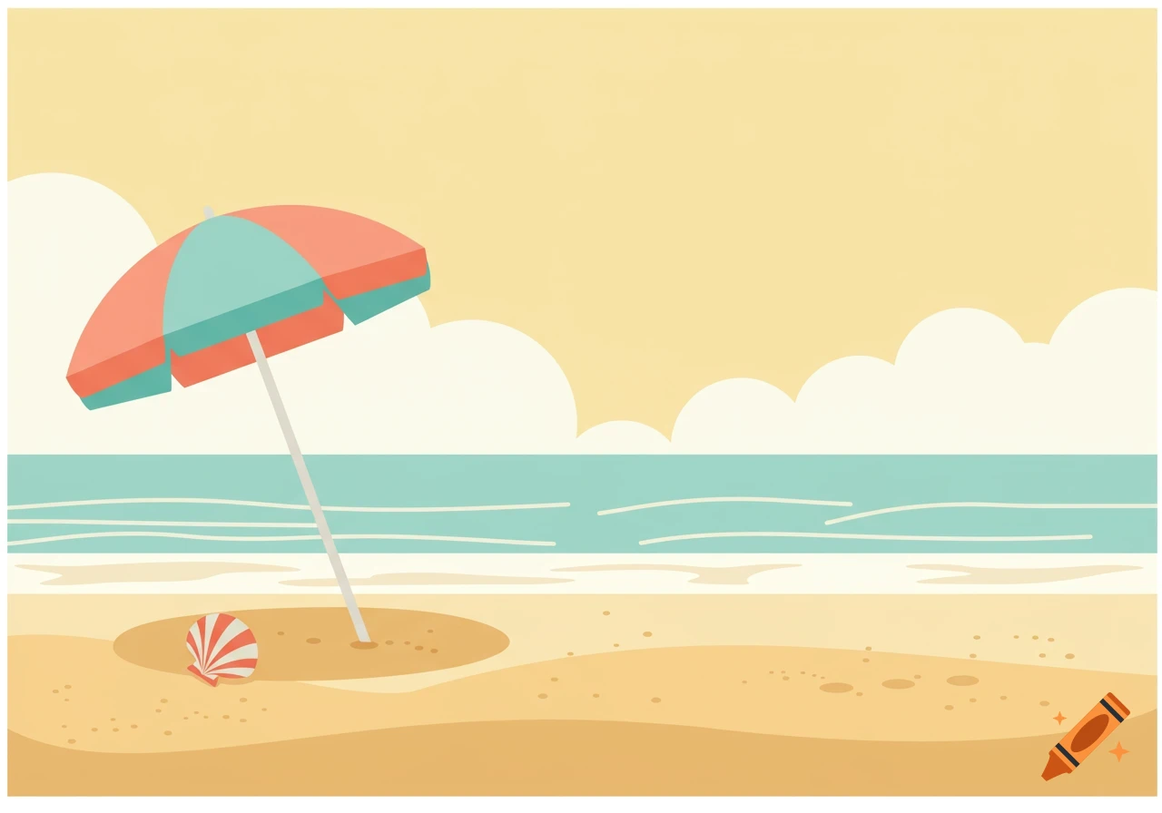 Minimalist vintage style illustration of a tranquil beach scene with a red and teal umbrella and a seashell.