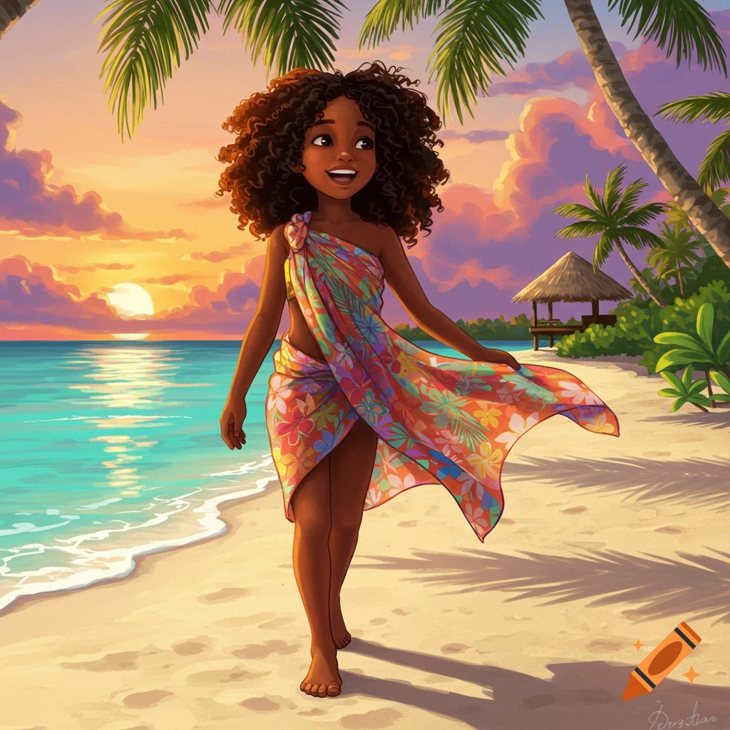 Happy Black girl with curly hair walking on a tropical beach at sunset, wearing a colorful sarong, in a vibrant cartoon illustration style.